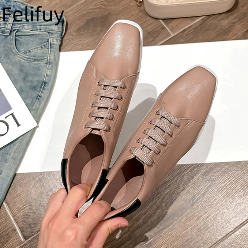 Pink Style Women Shoes Lace-up 8CM heel Platform Shoes Mixed Color Sole Real Leather Woman Casual shoes comfort designer shoes