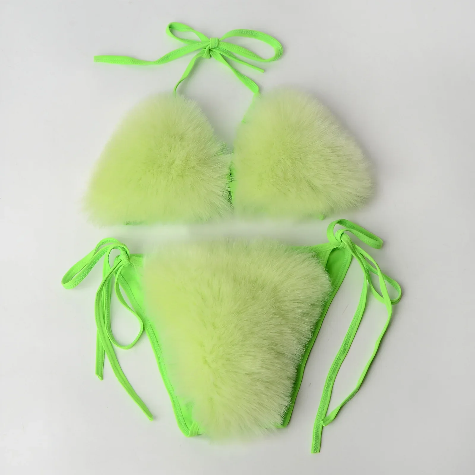 Fake Fox Fur Monocromático Bikini Set para Mulheres Faux Fur Swimsuit Sexy Underwear, Sutiã Dividido Triângulo, Swimwear de Pelúcia, Dois Maiôs Peça, Novo