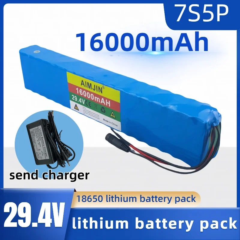 

18650 7S5P 29.4V 16000mAh High Power Rechargeable Li-ion Backup Battery Built-in BMS for Electric Bike + 29.4v DC 2A Charger