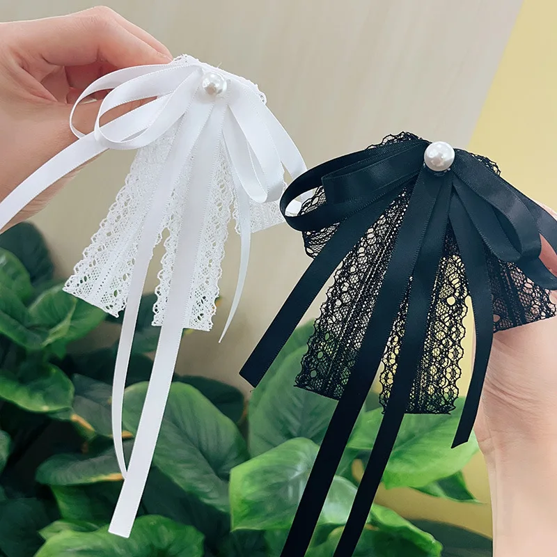 

New Women Girls Black Lace Ribbon Bow Tie Faux Pearl Pendant Brooch Pin Necklace Uniforms Shirts Shirts Streamers Collar Flowers