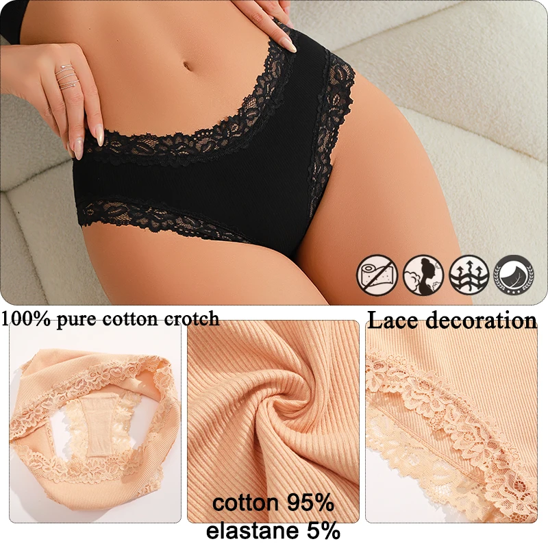 2PCS/Set Cotton Underwear For Women Sexy Lace Ribbed Floral Thongs Female Breathable Solid T-back Bikini S-XL Sexy Lace Panties
