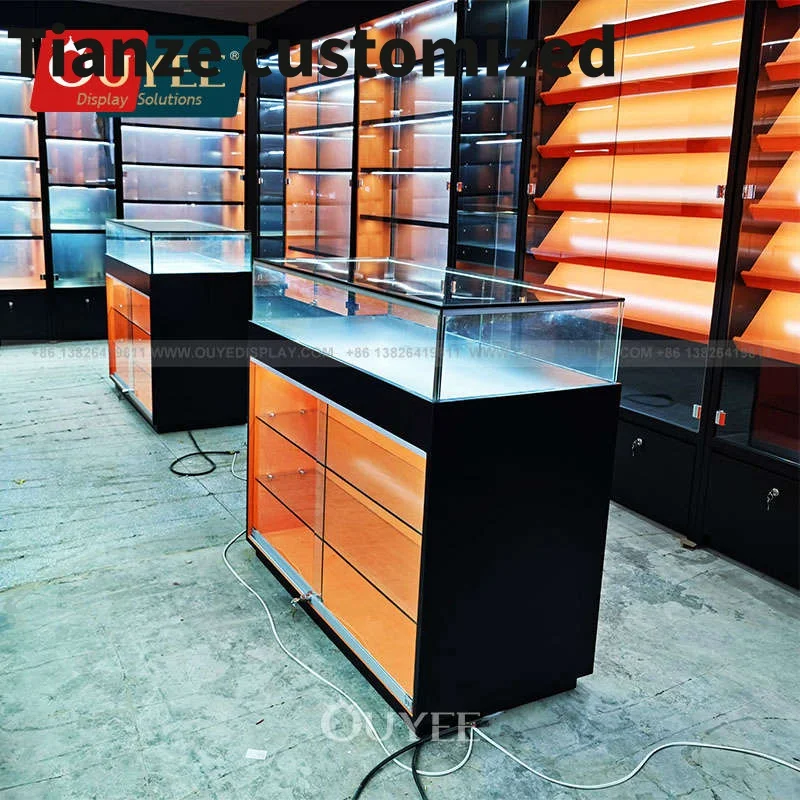 

Customized-Custom Wood Cabinets Furniture Smoke Dispensary Display Retail Smoke Shop In Glass Showcase Floor Glass Display S