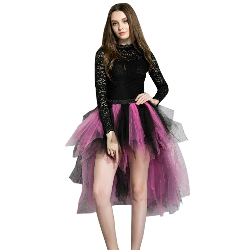 Gonne tutù Tulle Sottoveste alta bassa Donna Trambusto pieghettato irregolare Fantasia Danza Pettiskirt Cocktail Party Nero Fucsia Blu