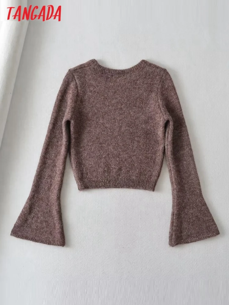 Tangada Women Thick Solid Knit Sweater Flare Long Sleeve Female Cropped Jumper 2T51