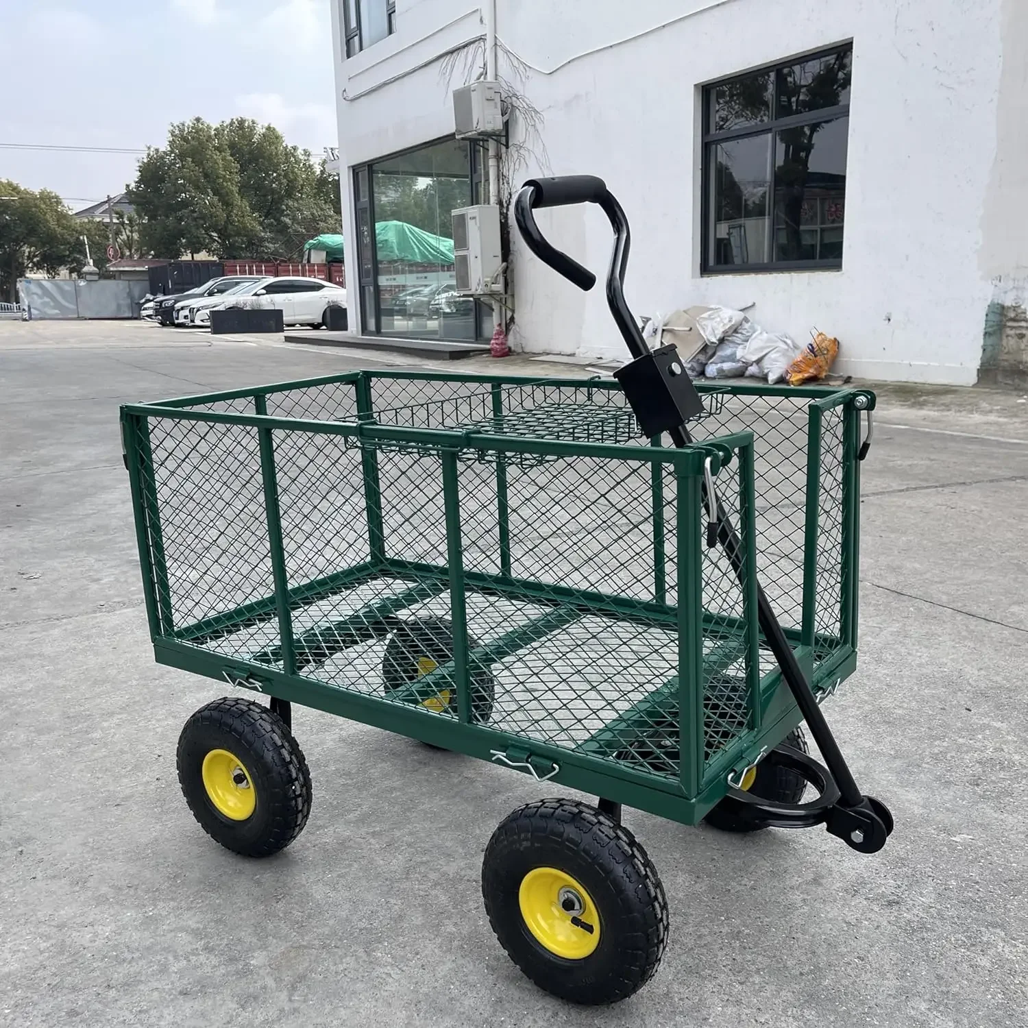 Heavy Duty 4-Wheel Garden Cart Oversized Steel Dump Roll Container Mesh Cart