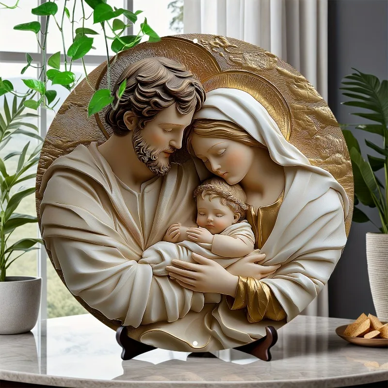 

Aluminum Holy Family of Jesus Round 2D Wall Art, Religious Home Decor for Living Room, Bedroom, Bathroom, Garage, Bar, Cafe