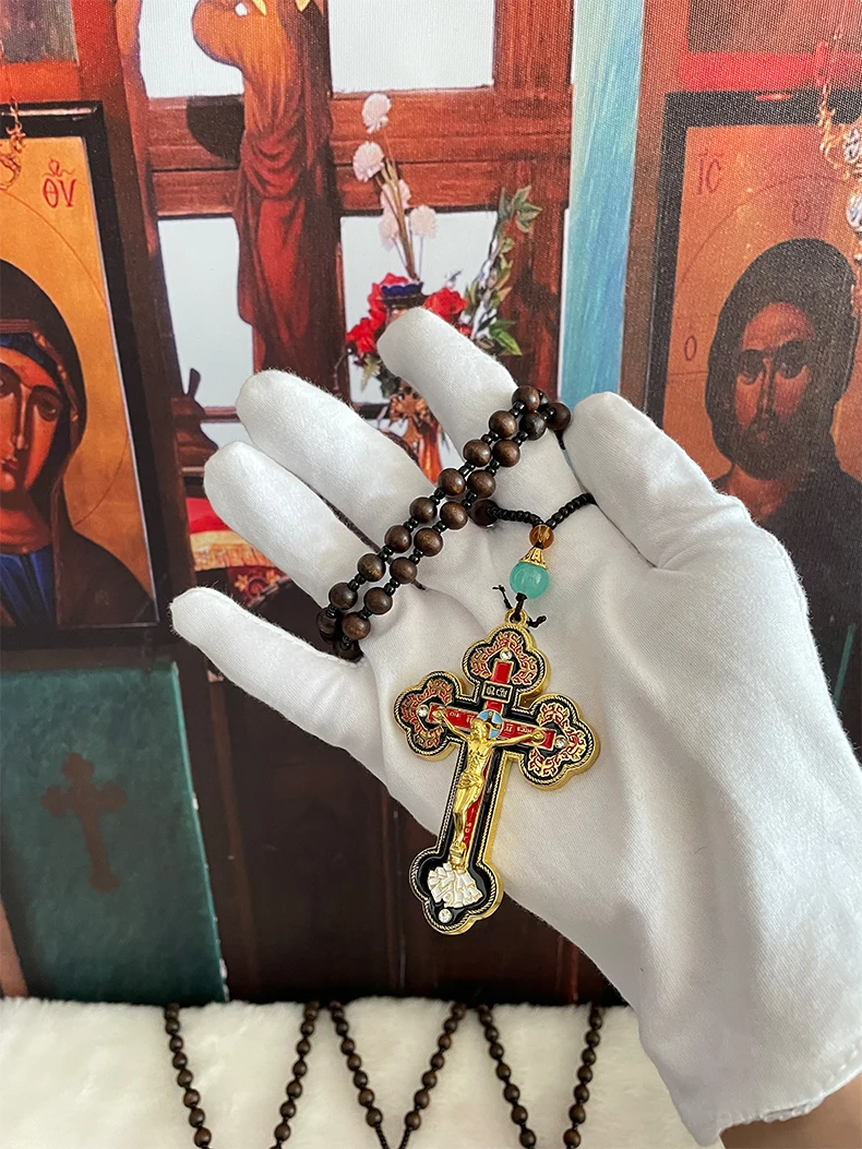HTISOK Orthodoxes Kruzifix Goldkreuz-Halskette Holz-Rosenkranz Perlenkette Religiöser Jesus-Gebetsschmuck Religiöse Dekoration & Geschenk – Detail 2