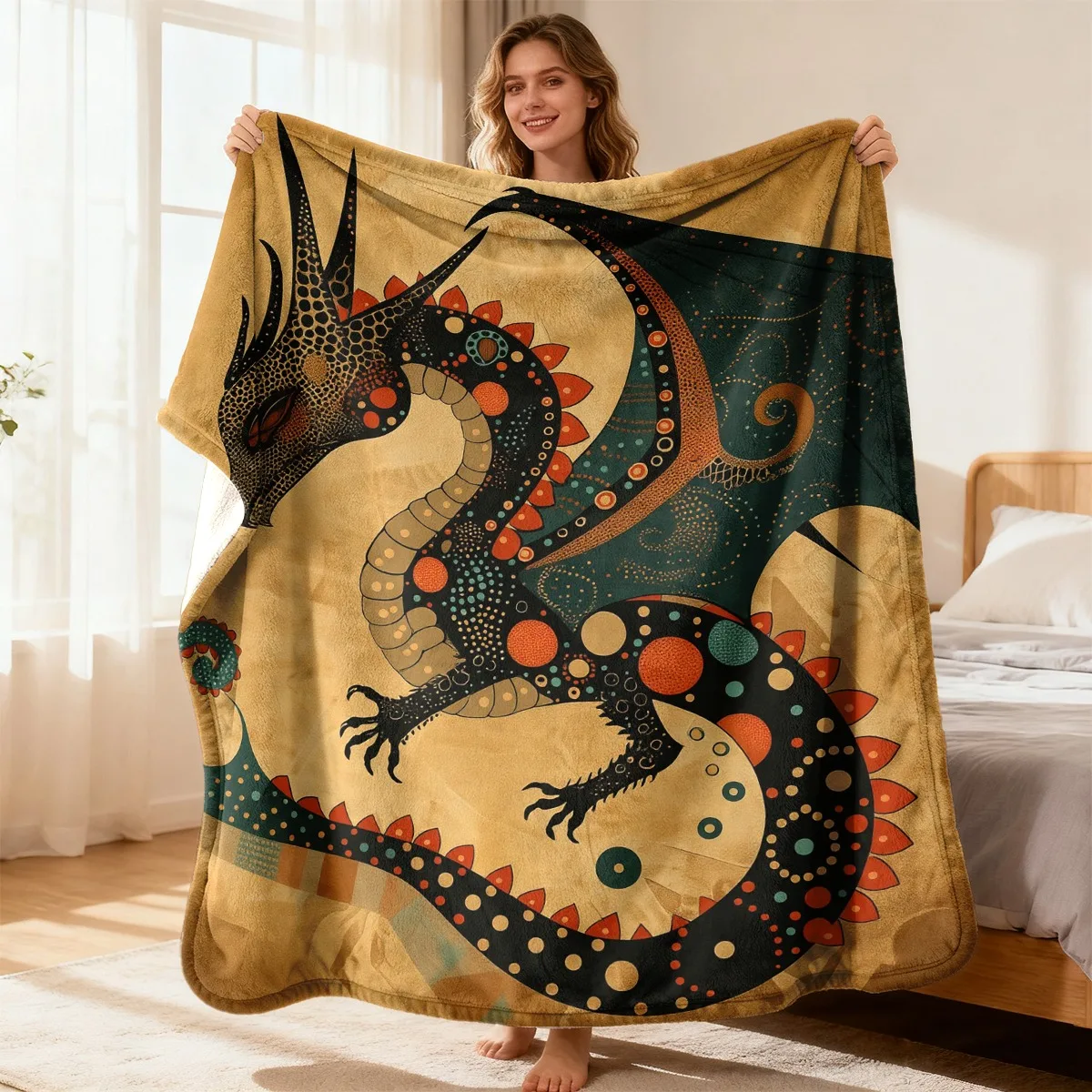 High-quality Dragon Print Blanket Throw for Sofa Bed Cozy Home Decor Oriental Asian Mythological Comforter 150x200cm