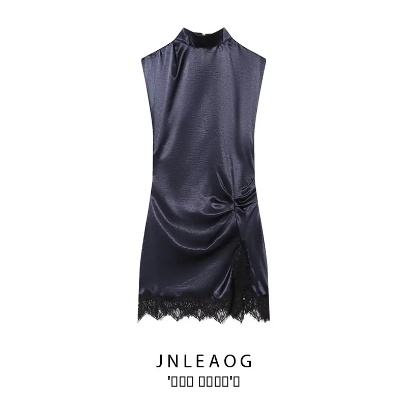 우아한 레이스 실크 새틴 미니 드레스 가을 신상 여성 패션 순색 스트레이트 튜브 스커트 캐주얼 슬림 핏 드레스