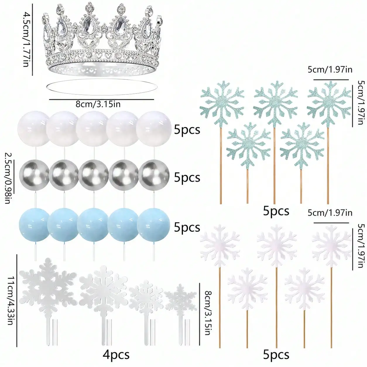 Winter Snowflake Crown Cake Decor Set Blue Silver Ball Cake for Frozen Theme Girls Birthday Party Dessert Cake Decor Supplies view 5