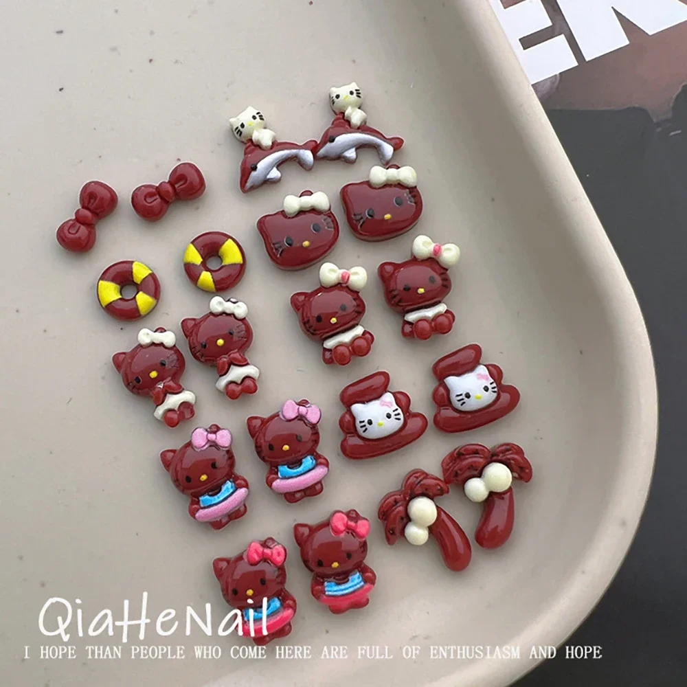 20Pcs Sanrio Hawaiian Holiday Black Skin Hello Kitty Nail Art Accessories Cartoon Resin Nails Attachment Diy Dolphin Decoration