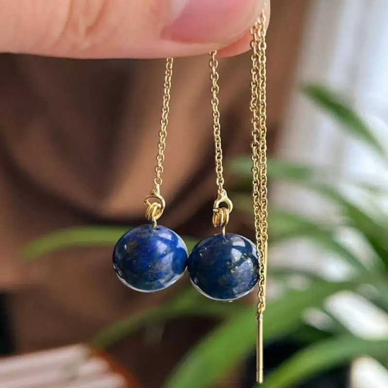 

Handmade natural lapis lazuli beads earrings Ear Line Dangling Teens Drop Gold Crystal Bohemian