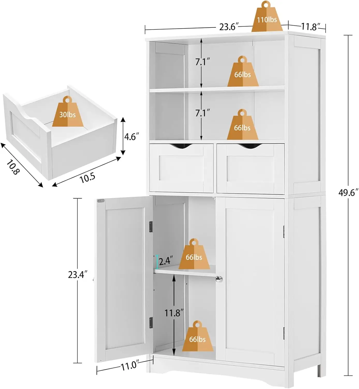 Tall Bathroom Cabinet, Storage Cabinet with 2 Drawers & Adjustable Shelves, Bathroom Storage Cabinet for Living Room