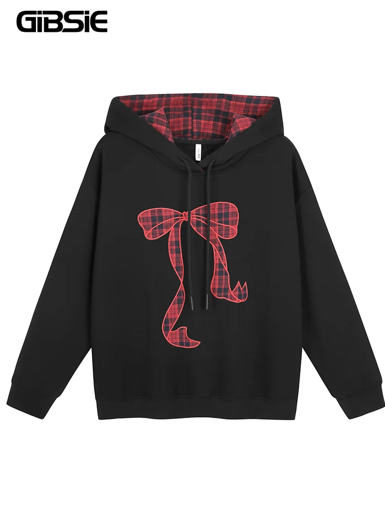 GIBSIE Plus Size Bow embroidered loose hoodie women's Autumn and winter korean hooded fleece thickened pullover sweatshirts