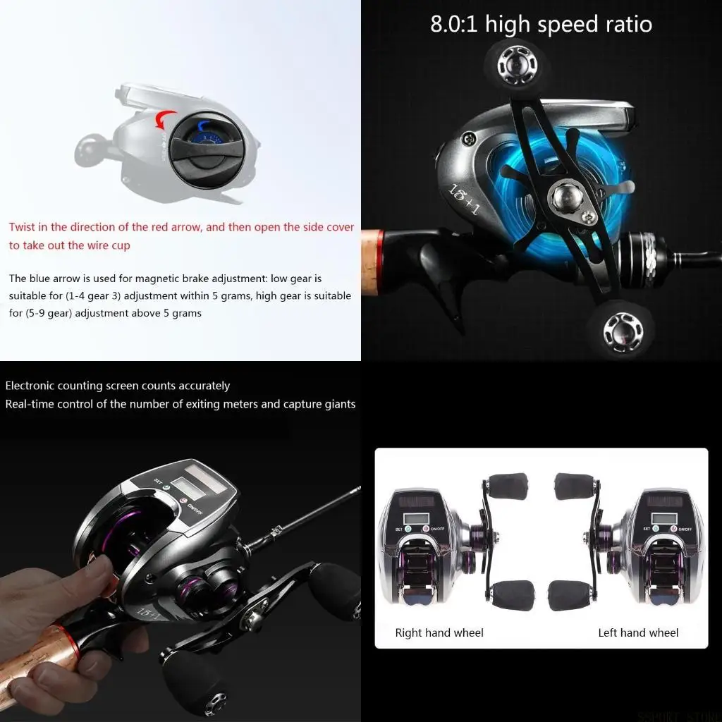 

U2JB 8.0:1 High Speed Ratio Line Counter Digital Display Baitcasting Wheel, USB + Solar Charging Electronic Fishing Reel