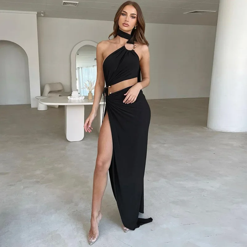 Moda Sexy Cut Out Backless Maxi Dress Club Party abiti eleganti senza maniche Halter abiti asimmetrici a fessura vestito Sexy