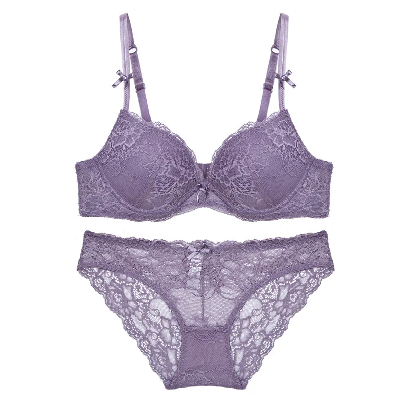 Europe Women Sexy Underwear Set Lace Embroidery Push Up Bra Set Romantic Purple Brassiere Fashion Panties Set Plus Size Lingerie