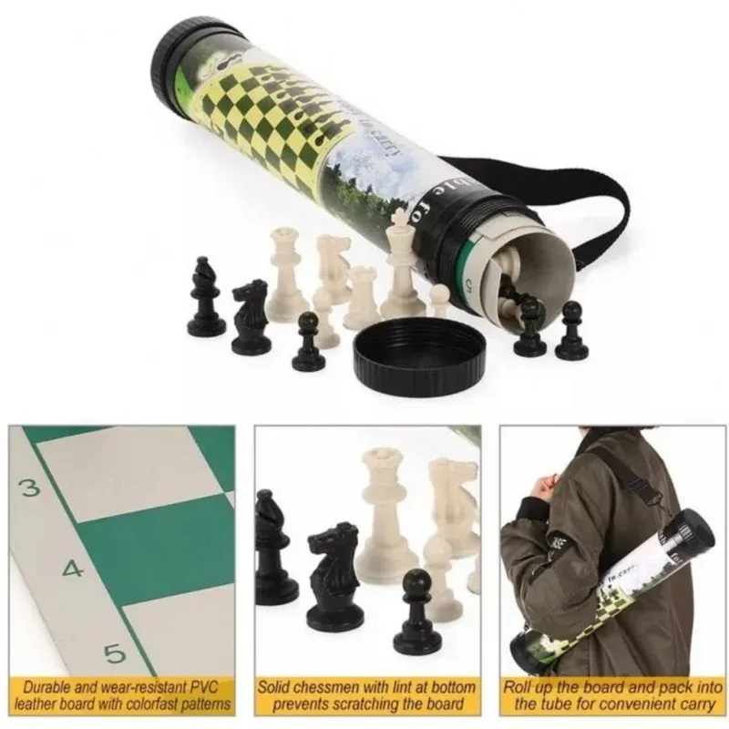 42x42cm Outdoor Travel Chess Plastic Leather Black and White Pieces Barrels Three-dimensional Pieces Portable Chess