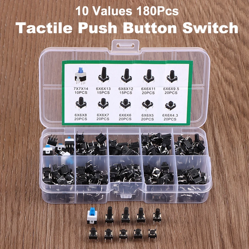 Kit de commutateurs à bouton-poussoir Tactile 180 pièces-6mm/7mm SMD & THT assortiment de commutateurs Tact momentanés, composants électroniques réparation de bricolage