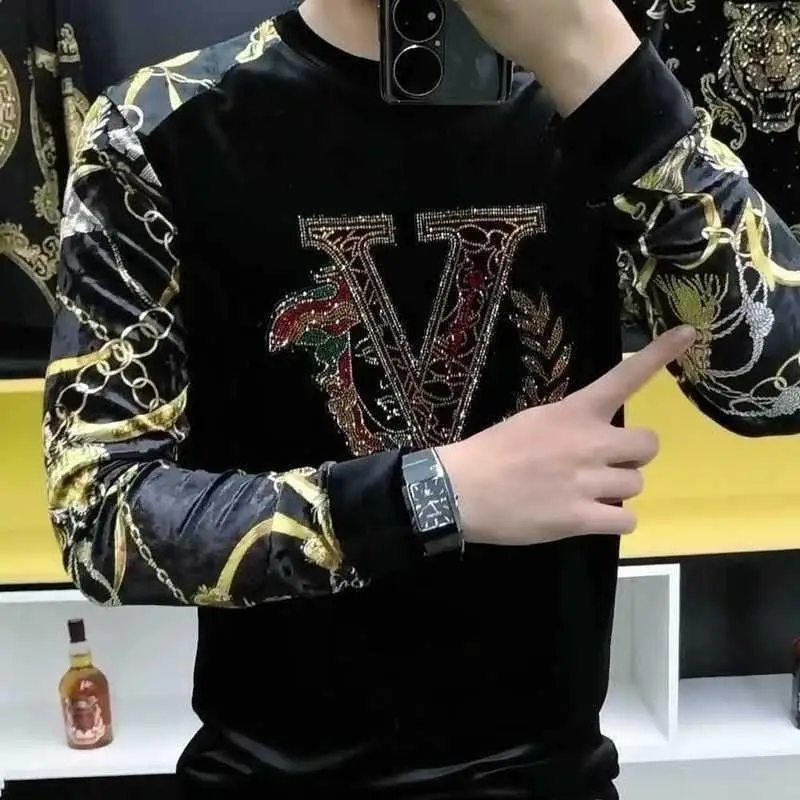 Spring and Autumn Men's Flower Sleeve Bottom Shirt Versatile Hot Diamond Sweater Slim and Skinny T-Shirt Long sleeves
