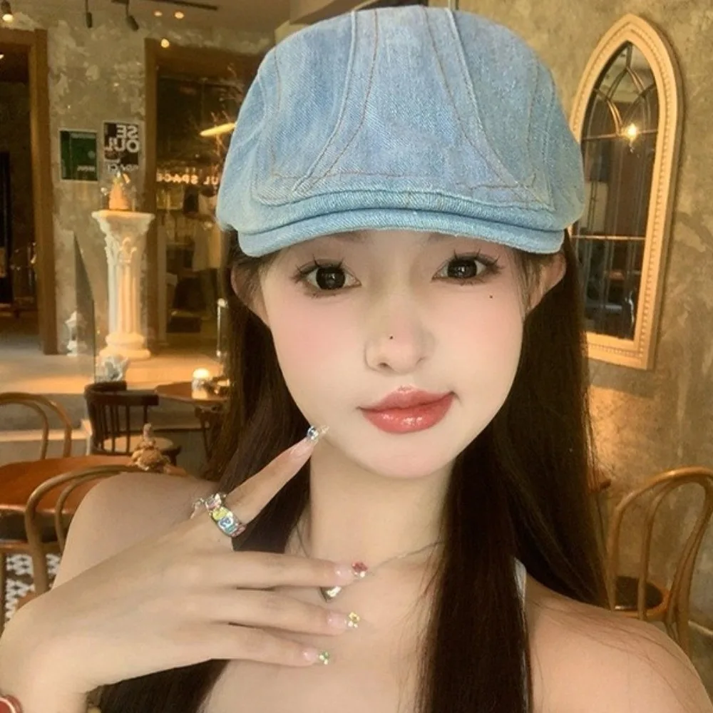 

Винтажный потертый джинсовый берет Y2k с козырьком, шляпа газетчика, тканевая шляпа в корейском стиле для женщин
