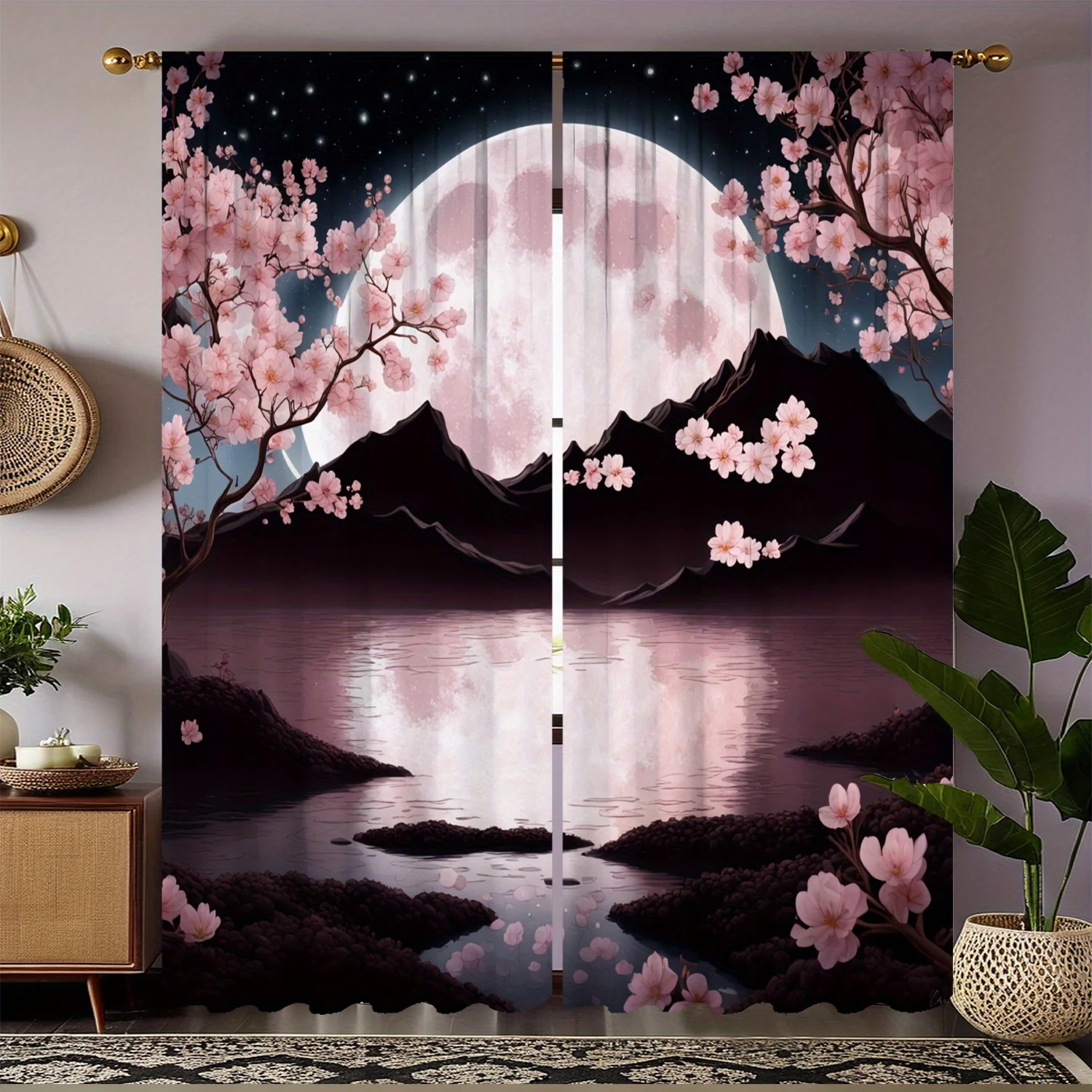 2PC Black & Pink Sakura Full Moon Sheer Curtains – HD Print, Carnival Theme for Living Room, Bedroom, Study – Round Pocket Top
