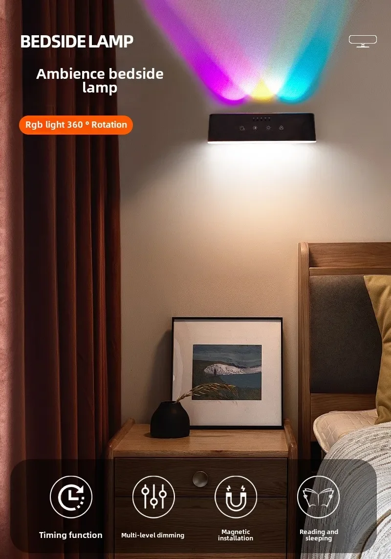 Rechargeable RGB Ambient Light Double Head Wall Light Wiring Magnetic LED Hotel Bedside Mural Light Room Home Decor Luminaria