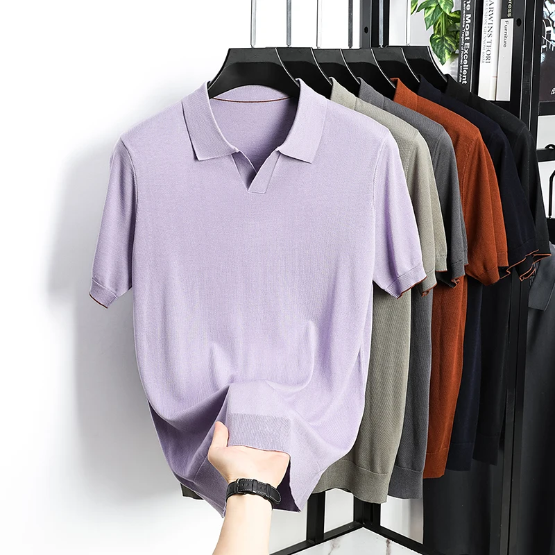 100%  Lyocell Knitwear 2026 Men Spring Summer Trendy Turn Down Collar Knit Tees Short Sleeve Breathable Knit Tops
