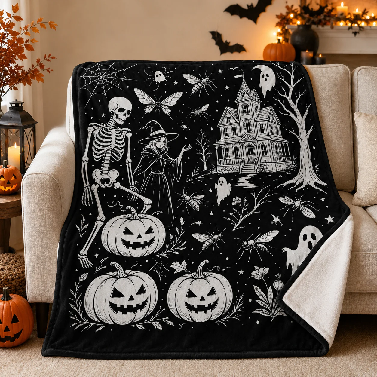 Halloween Flannel Throw Blanket 50 x 60 Inch, Ghost Pumpkin Skeleton Haunted House Print, Soft Cozy Washable Blanket for Sofa Bed Couch