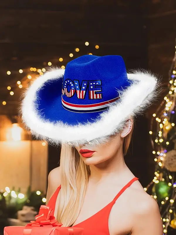 Sombrero de vaquero Sombrero de vaquera occidental de fieltro con cordón bordado Patrón de amor Accesorios de disfraz para el día patriótico de mascarada