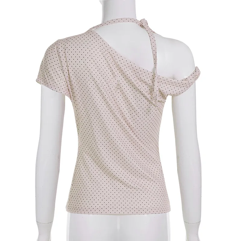 Damen Polka Dot Rückenfreies Neckholder-Top mit Knoten, Eng Anliegend, Kurzarm, Lässige Streetwear, Sexy Modisches T-Shirt-Oberteil – Detail 11