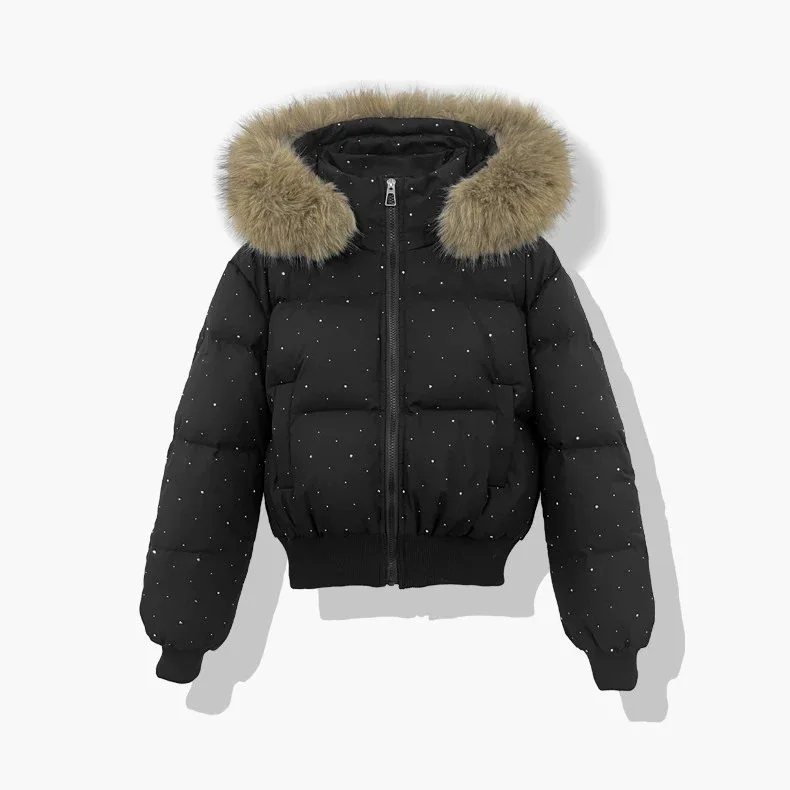 Women's Hooded Large Faux Fur Collar Sequin Decor Cropped Cotton Coat Zip Up Loose Warm Windproof Versatile Casual Padded Jacket