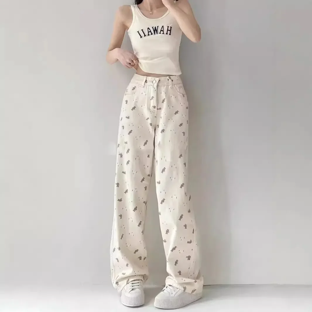 High Waist Bear Print Denim Jeans Women's Loose Straight Leg Pants Micro Elastic Wide Leg Trousers Fresh Sweet Style