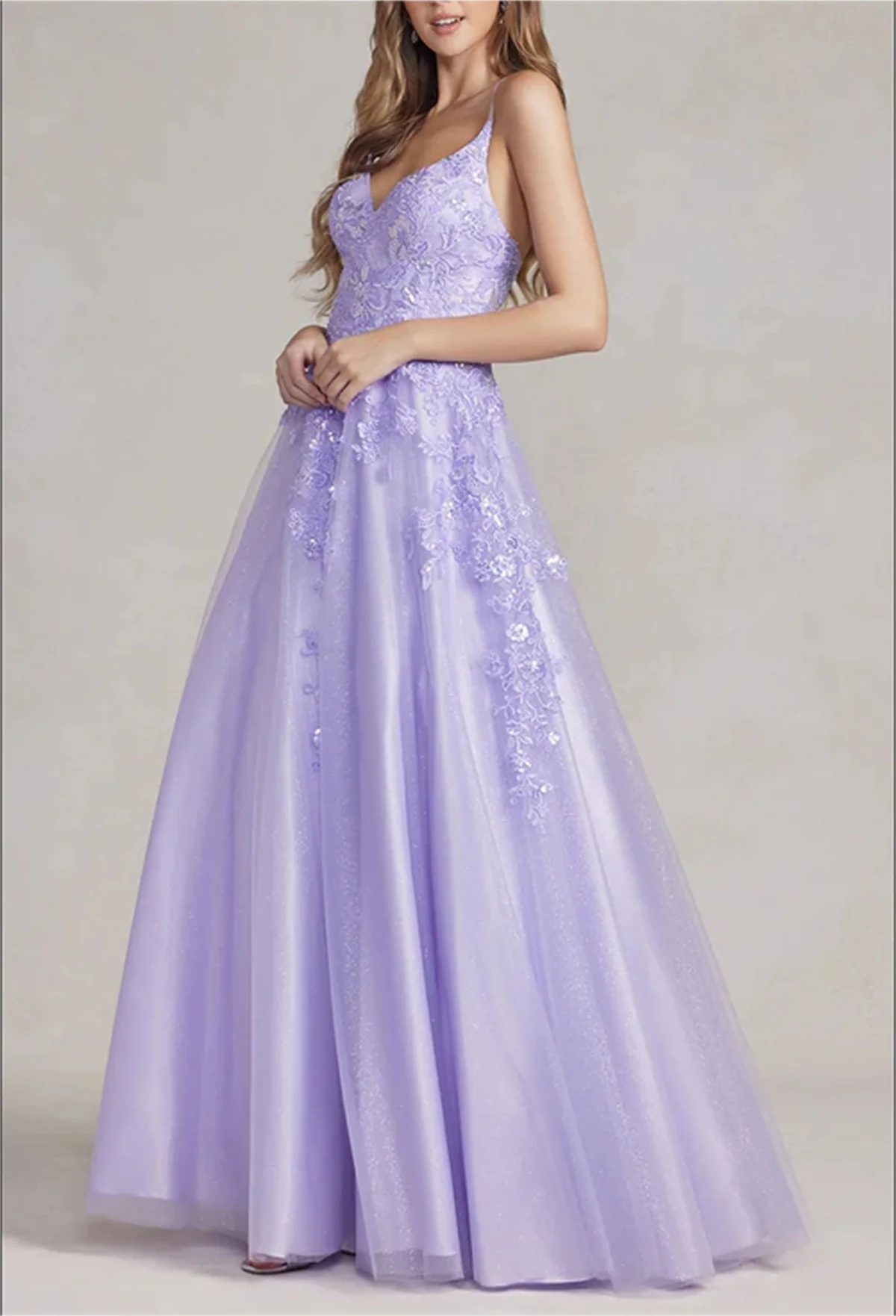 

Purple Lace Print Prom Gown Sexy Cut-Out See-Through Slit Tulle Evening Dress Sweet Print Sleeveless Strap Private Custom ...