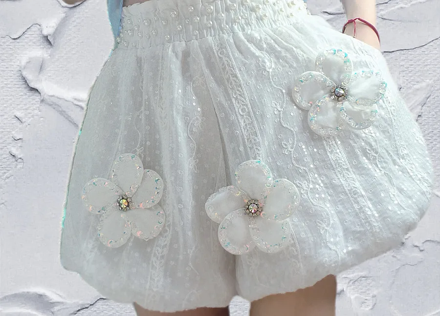 Sequins Lace Carved Shorts Fairy 3D Flowers Lantern Bubble  Flowers Bud Short Pants High Waist Elastic Pearls Beaded Trousers