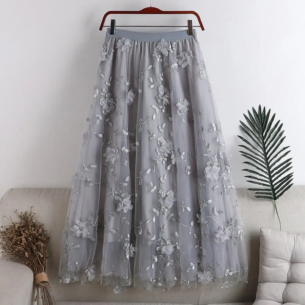 Rok Midi pinggang tinggi untuk wanita, Rok Midi pinggang tinggi tiga dimensi bahan Tule, Rok Midi motif bunga bordir jaring dengan kain Tule berlapis ganda