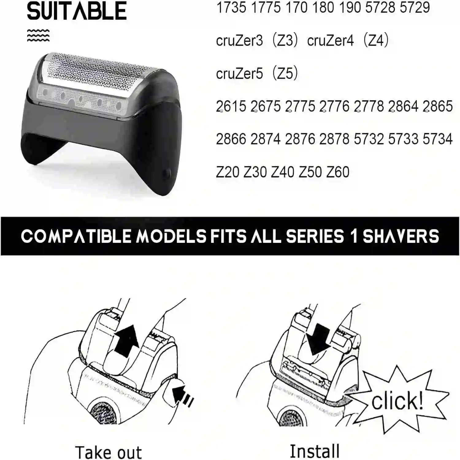 High Quality 10B Foil & Cutter Replacement Head Compatible with Braun series 1 170 180 190 1715 1735 1775 5278 Z20 Z40 Shaver