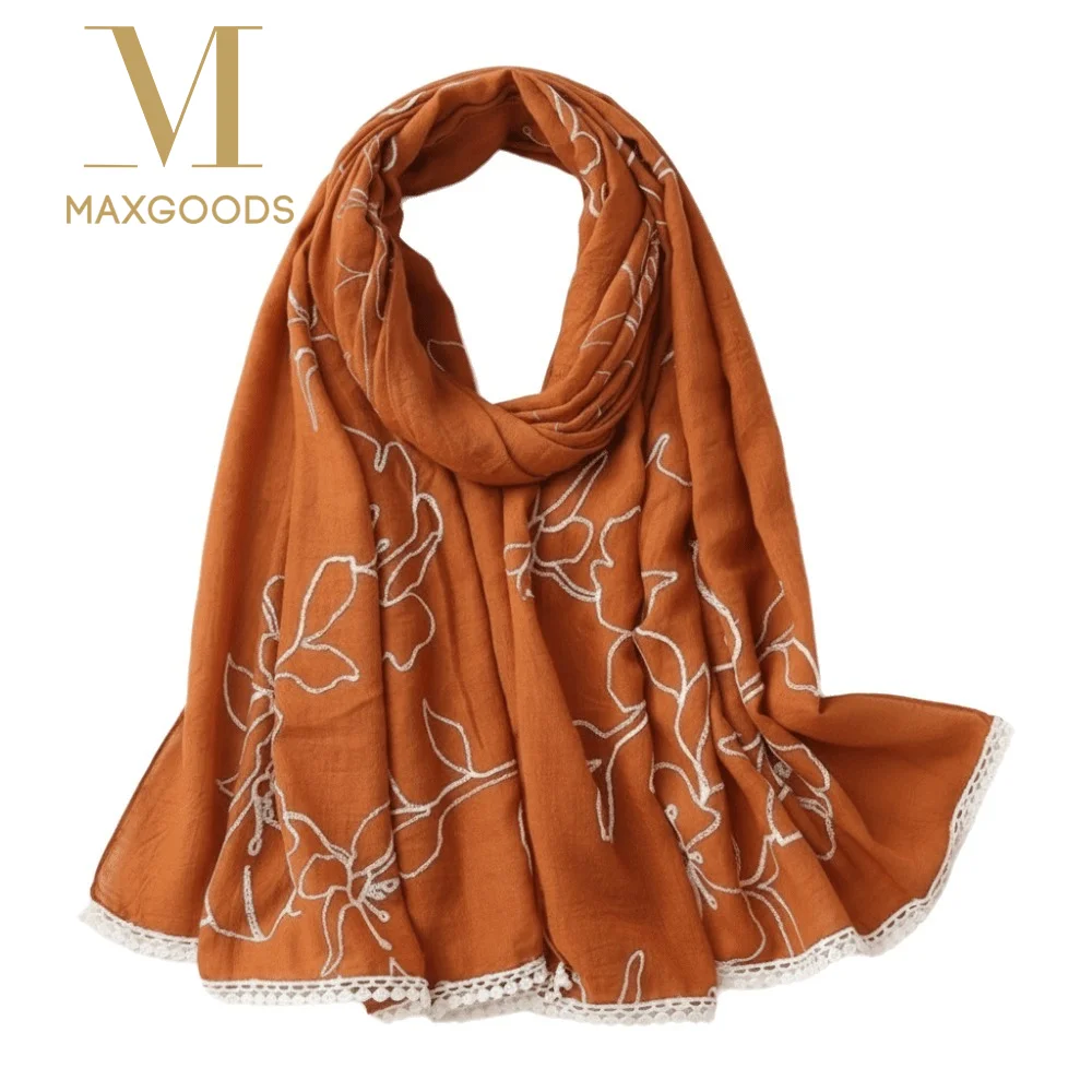 

Versatile Elegant Hijab Scarf Flower Embroidery Plain Design Sunscreen Shawl Soft Thin Shawls Wraps for Women