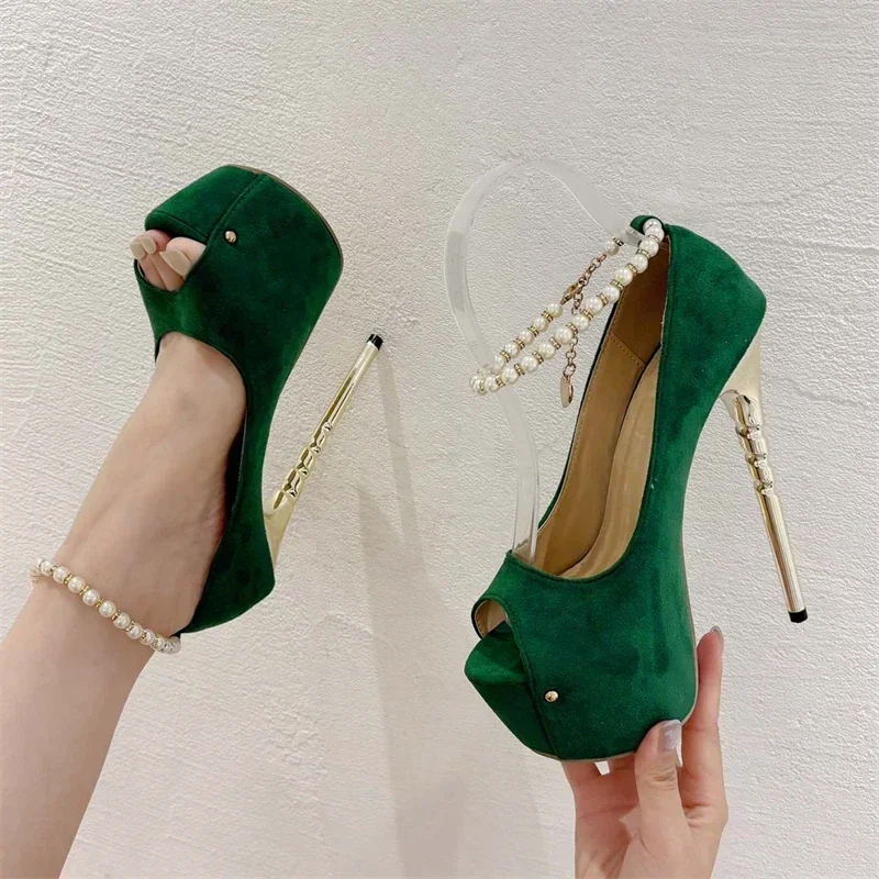 

Sexy Peep Toe Thin High Heel String Bead Buckle Strap Fashion Mules Shoes for Women Pumps Nightclub Extreme Stiletto High Heels