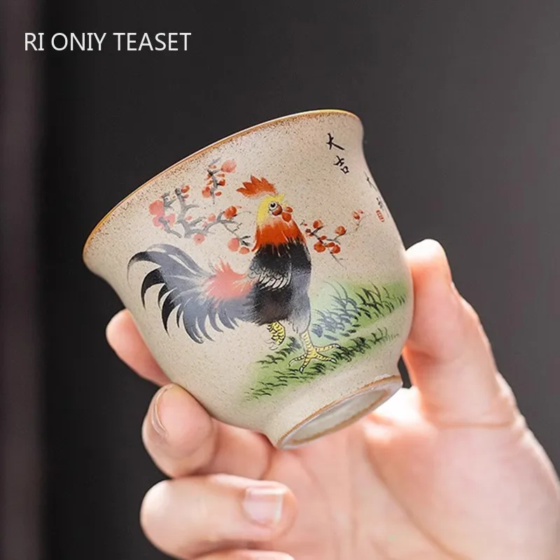 

1 Pc Chinese Handmade Cock Ceramic Teacup Vintage Pottery Tea Cup Portable Tea Bowl Pu'er Master Cup Travel Tea Set Accessories