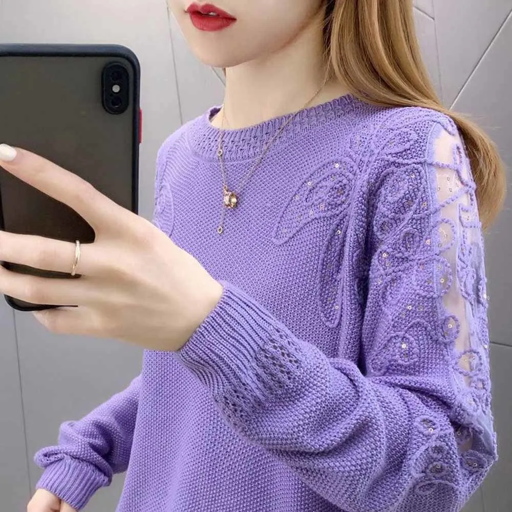 Sweater Women 2022 New Fashion Short Embroidered Pullover Lace Knitwear Thin Loose Openwork Trending Sweater Autumn and Winter