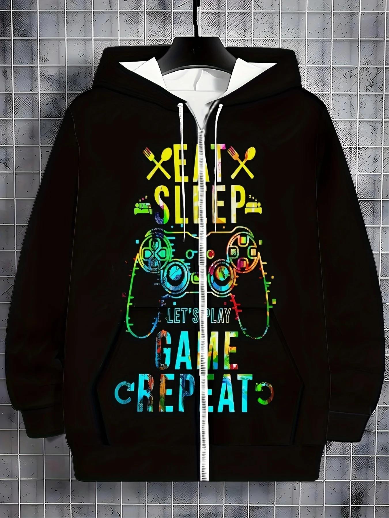 Moletom com capuz gráfico de jogos vibrantes masculino – Design "Xbox Let'S Game Eat", jaqueta preta com zíper e estampa colorida de controlador de jogo, Coz