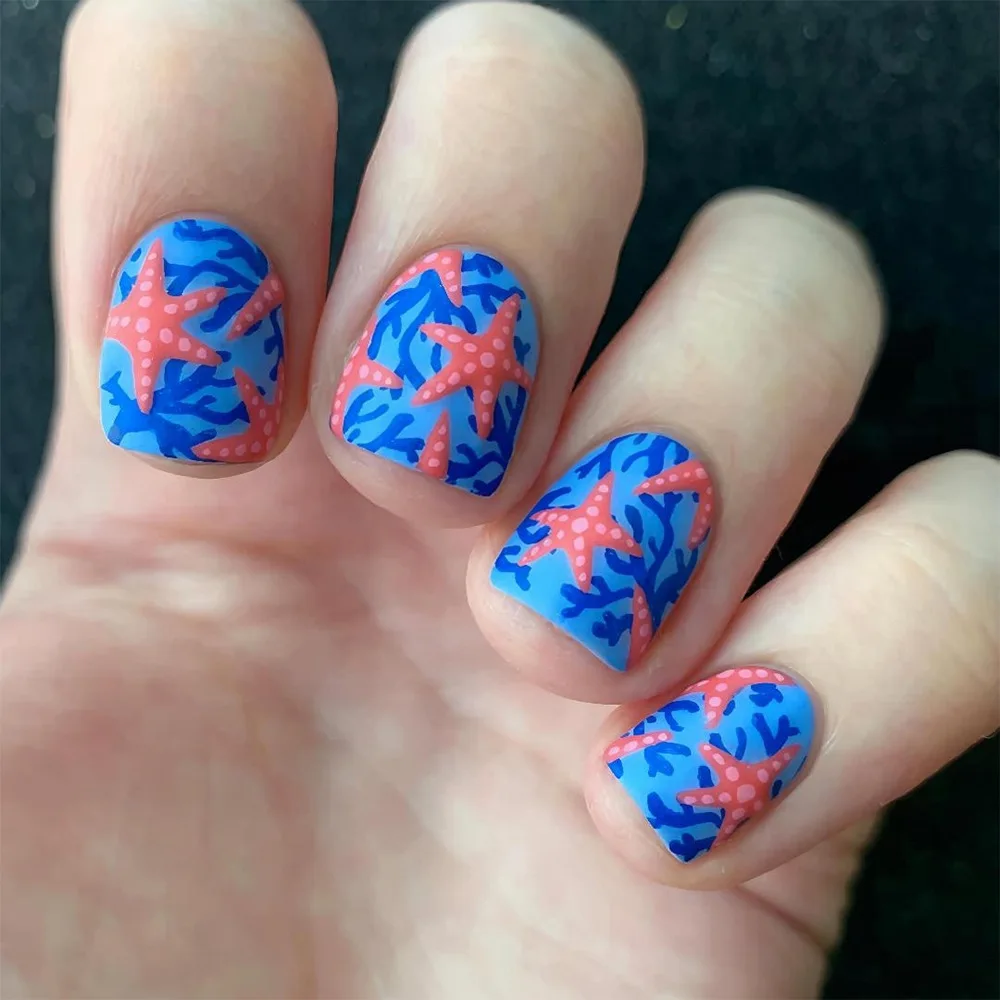 

24pcs Starfish Fake Nails Vacation beach cool seawater Press on Nail Short Ladder Full Cover Nail Tips for Women&Girl False Nail