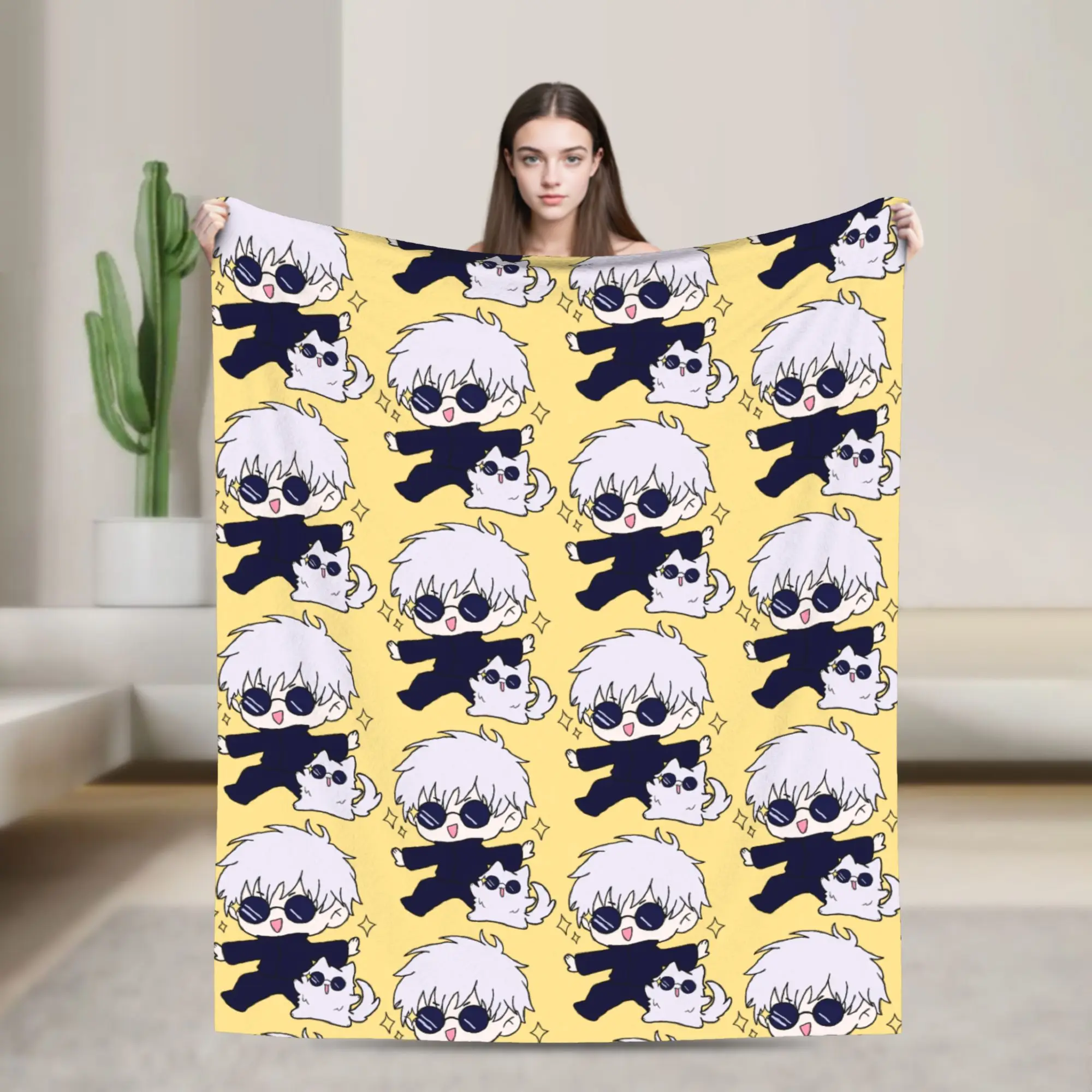 Gojo Satoru Cat Anime Blanket Flannel Spring/Autumn  Multi-function Warm Throw Blankets for Home Office Rug Piece