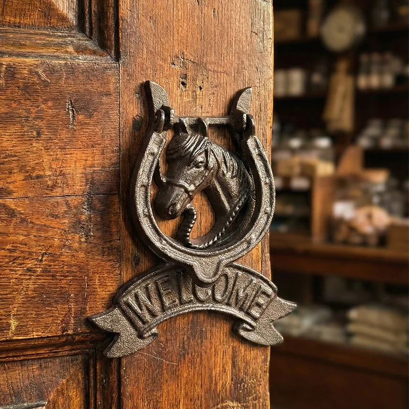 Vintage Cast Iron Door Ring Knocker Horse's Head Gate Round Ring Handle Entrence Door Knock Home Decor Animal Door Buckle
