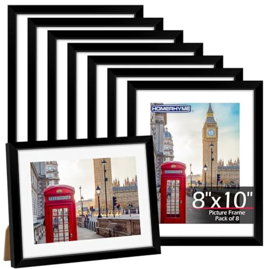 

Набор из 8 черных фоторамок 8x10 для настольного или настенного размещения, подходит для фотографий 5x7 с паспарту или 8x10 без паспарту.