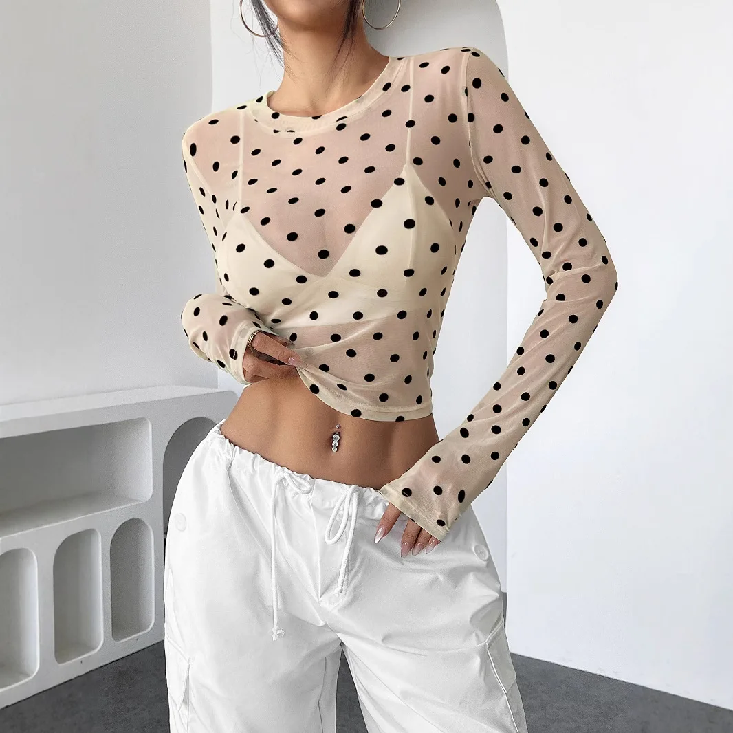 

Hot Girl See-through Thin Mesh T-shirt Polka Dot O-neck Long-sleeved Slim Stretch Pullover Top with Fashion Women's Tees