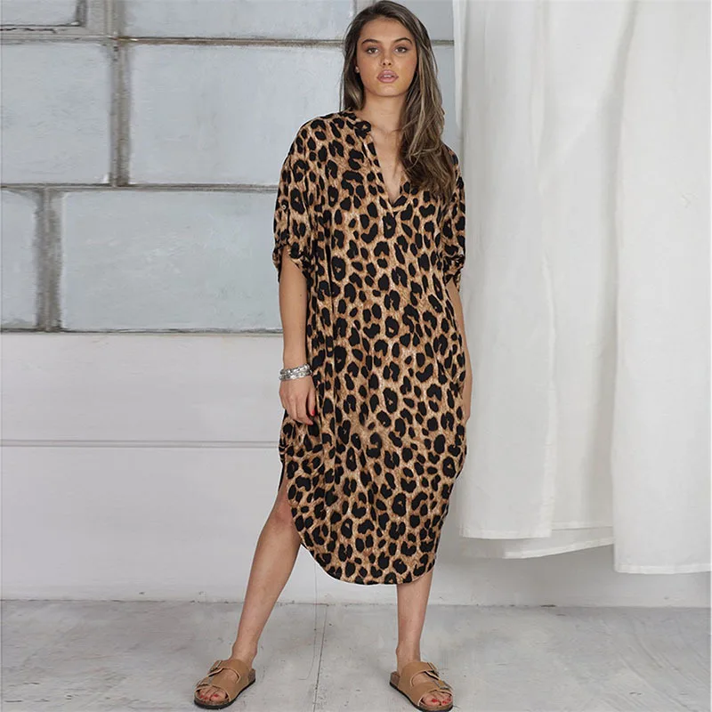 Plus size kaftan leopardo bikini cover-ups casual v-neck maxi vestido feminino beach wear natação terno cobrir solto