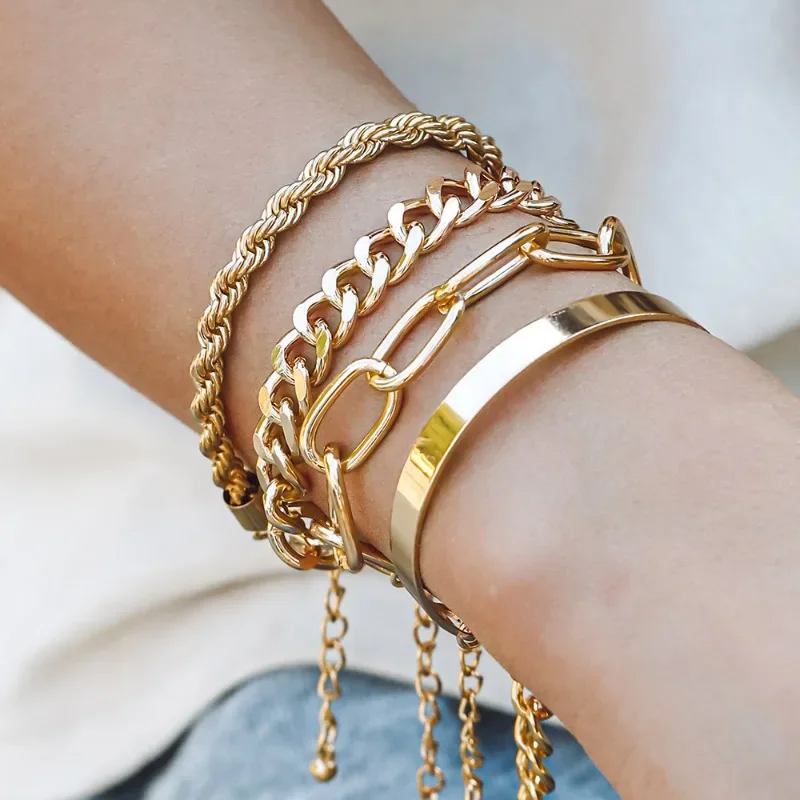 4pcs/set Hiphop Exaggerated Golden Fried Dough Twists Chain Bracelets Fashion Simple Geometric Jewelry Women for Commuting image 3