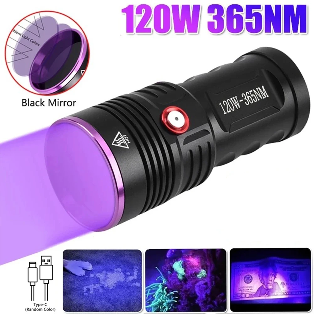 120W LED 365nm UV Flashlight Black Mirror Purple Light Ultraviolet Torch Pet Urine Stains Bed Bug Detector USB Rechargeable Lamp